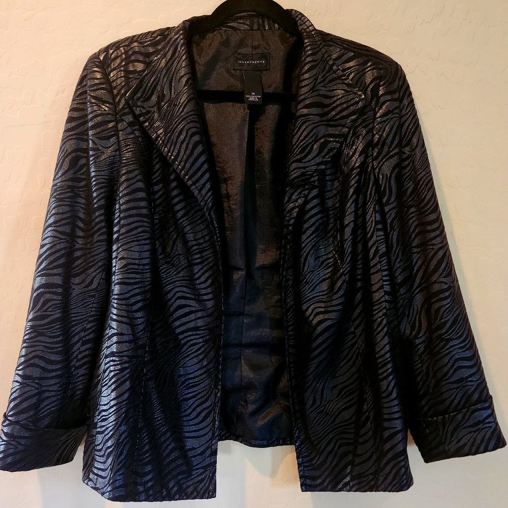 Women's Open Front Striped Black Faux Leather Coat Jacket Animal Print SZ 14
